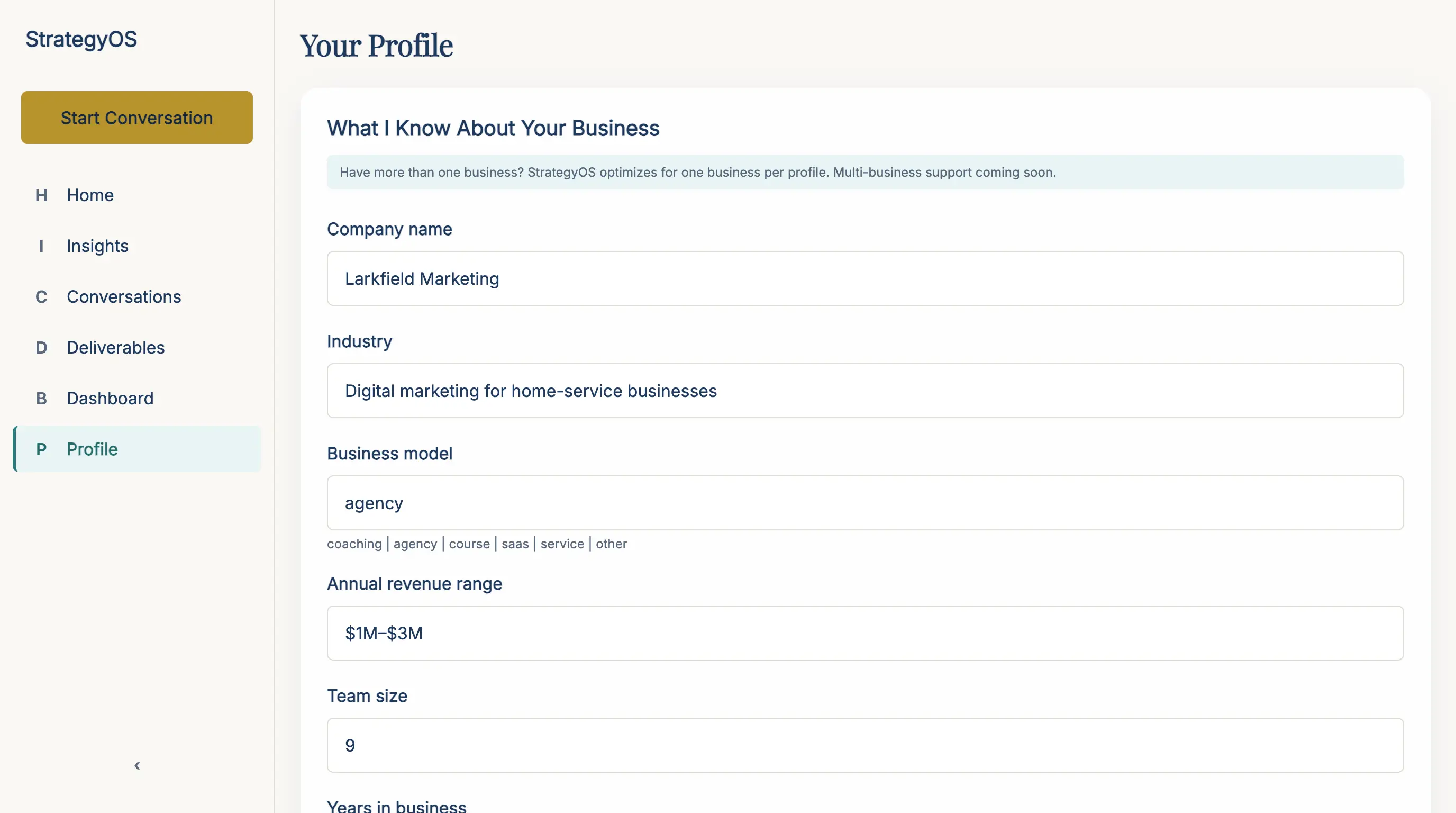 The profile screen with the company name, industry, business model, revenue range and team size on record