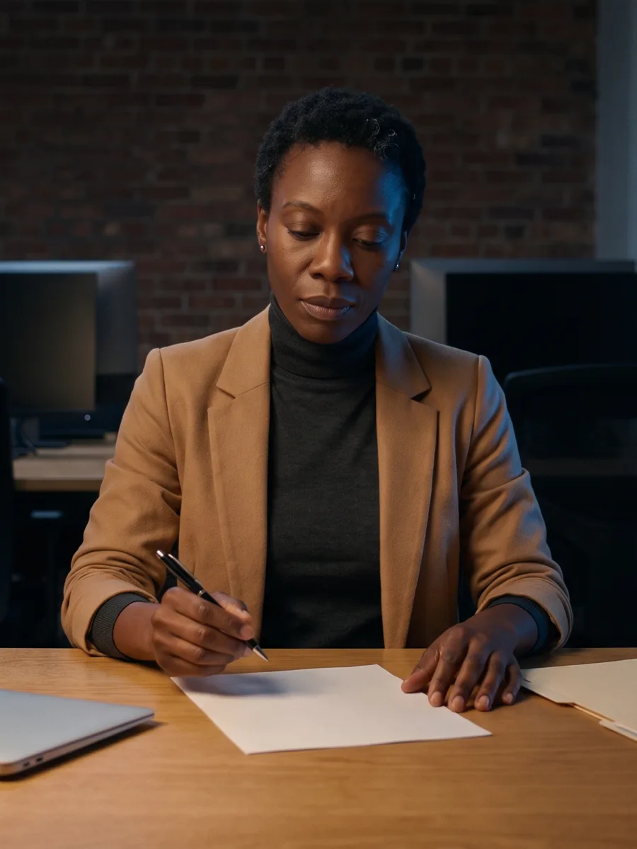 A woman sits alone at her desk in an empty office late at night, pen in hand over a sheet of paper.