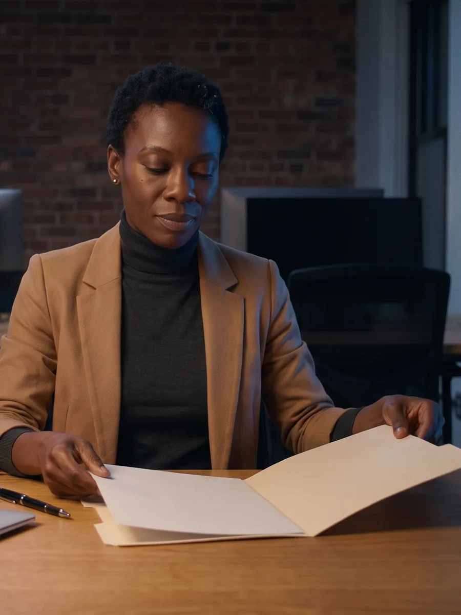 The same woman slides the sheet of paper back into its folder at her desk, calm.