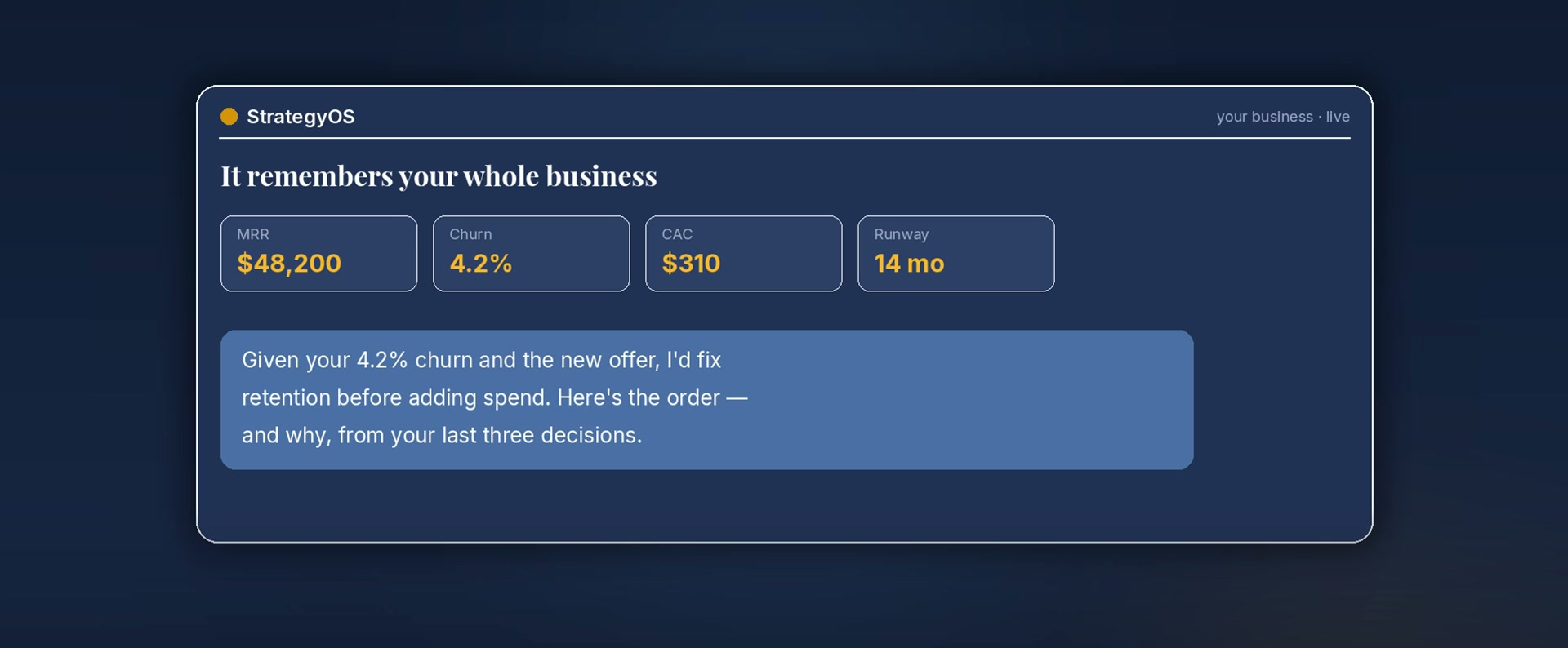 StrategyOS holding your business metrics in memory and reasoning from them